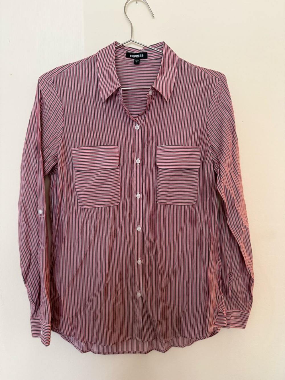 Express Women Pink and Black Striped Long-Sleeve Button-Down Shirt